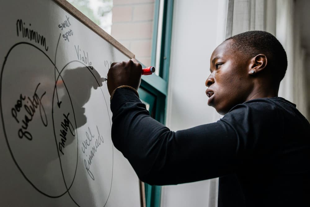 A child working at a whiteboard