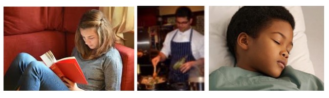 a person reading, a person cooking, a person sleeping