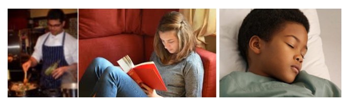 a person cooking, a person reading, and a person sleeping