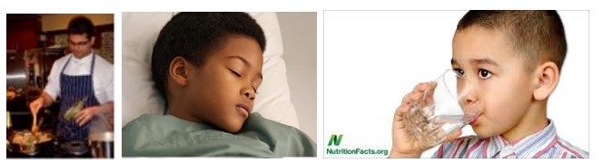 a person cooking, a person sleeping, and a person drinking