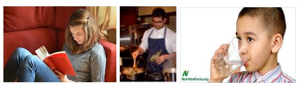 a person reading, a person cooking, a person drinking