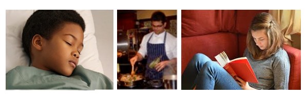 a person sleeping, a person cooking, a person reading